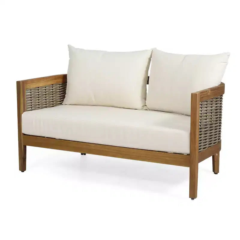 Christopher Knight Home 2pc Burchett Acacia Wood and Rattan Outdoor Loveseat and Coffee Table Set with Cushions