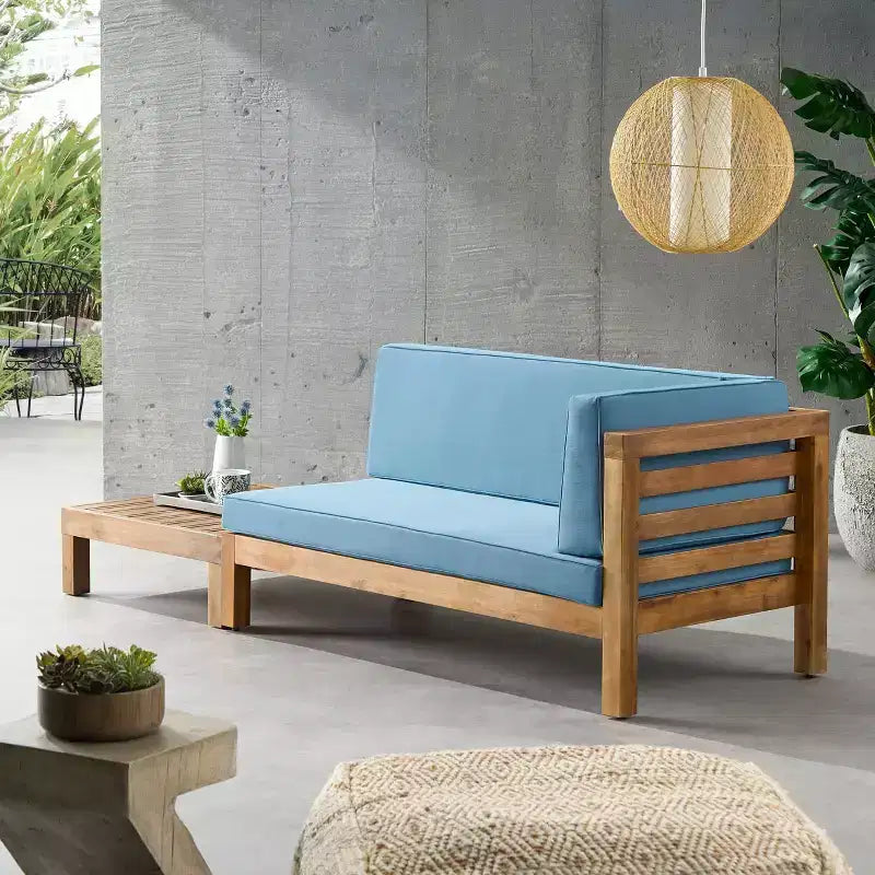 2pk Oana Outdoor Acacia Wood Right Arm Loveseat & Coffee Table with Cushion Teak/Blue - Christopher Knight Home