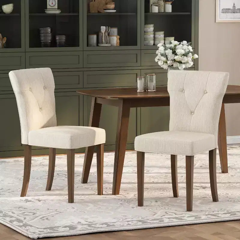 Upholstered Dining Chair Set of 2, Cream/Walnut