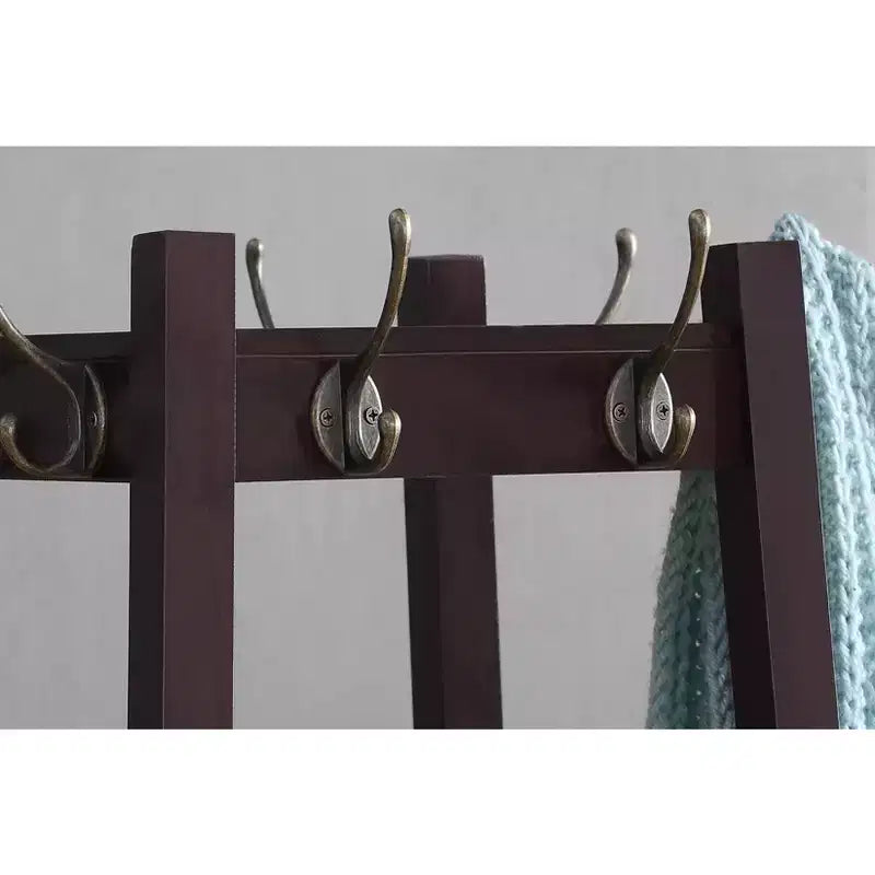 Espresso Wood Coat Rack with 3-Tier Storage Shelves