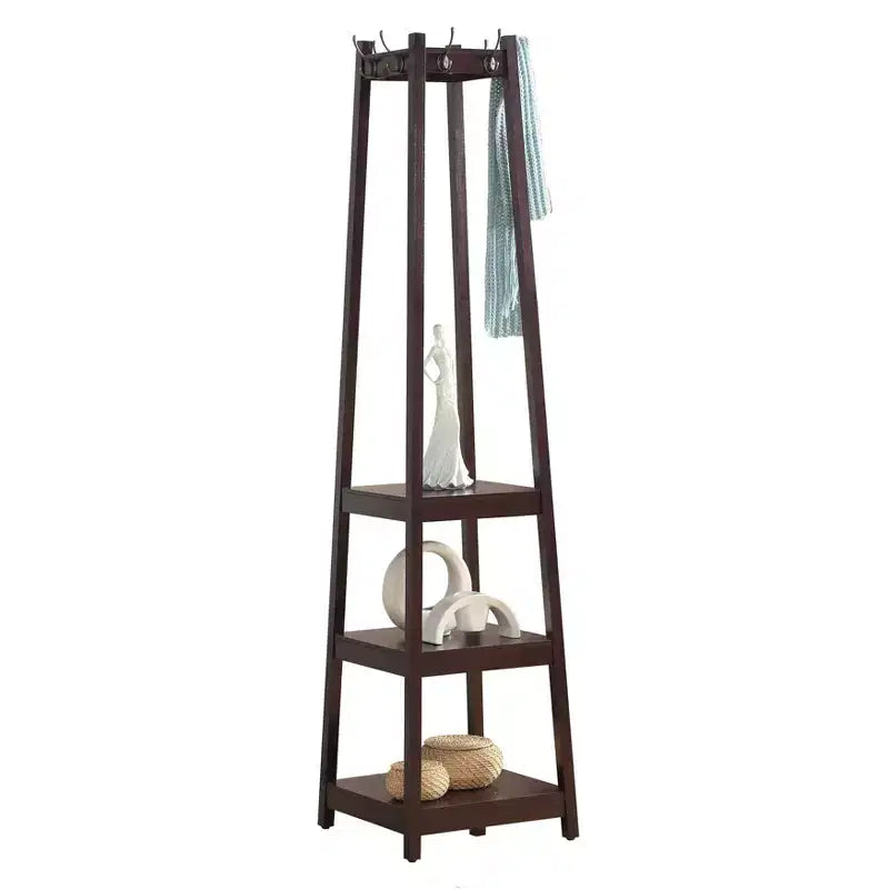 Espresso Wood Coat Rack with 3-Tier Storage Shelves