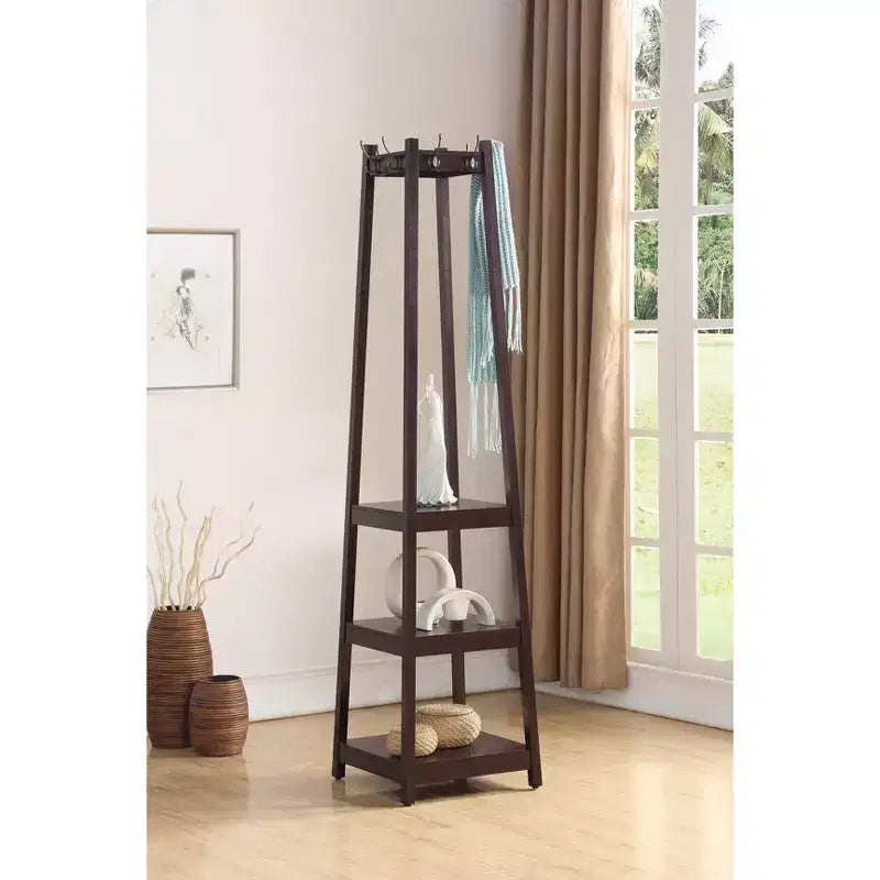 Espresso Wood Coat Rack with 3-Tier Storage Shelves