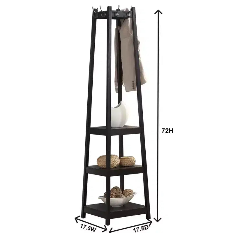 Espresso Wood Coat Rack with 3-Tier Storage Shelves