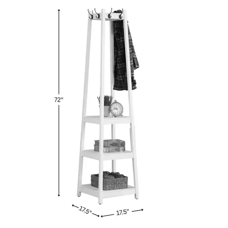 Espresso Wood Coat Rack with 3-Tier Storage Shelves
