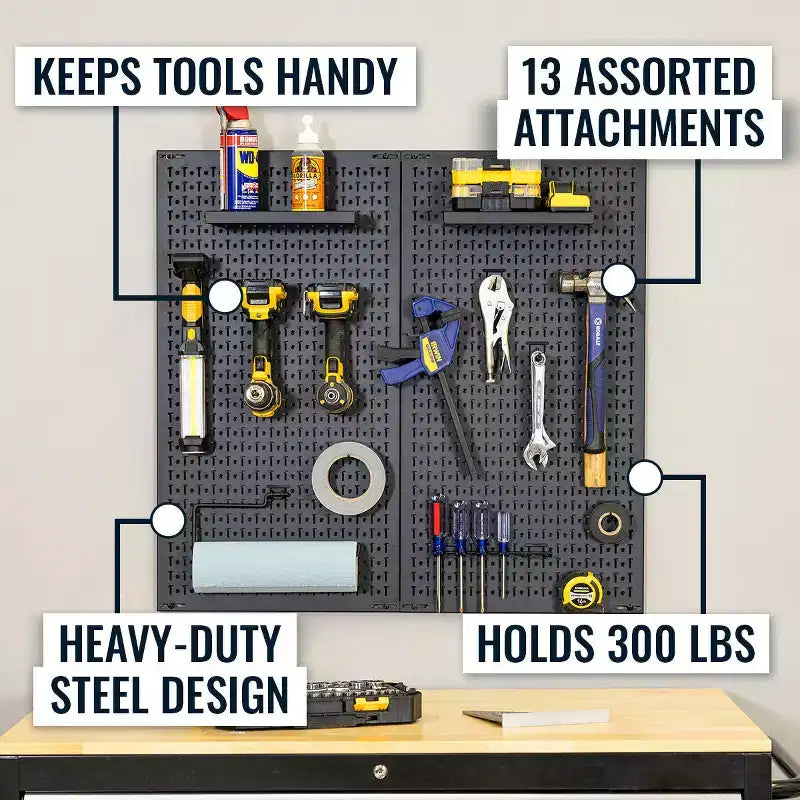 34 x 32 Steel Pegboard with 13 Attachments