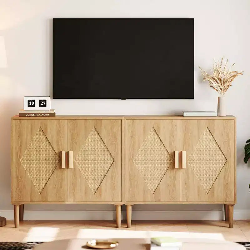 Rattan Buffet Cabinet with 2 Decorated Doors and Adjustable Shelf