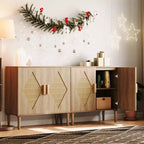 Rattan Buffet Cabinet with 2 Decorated Doors and Adjustable Shelf