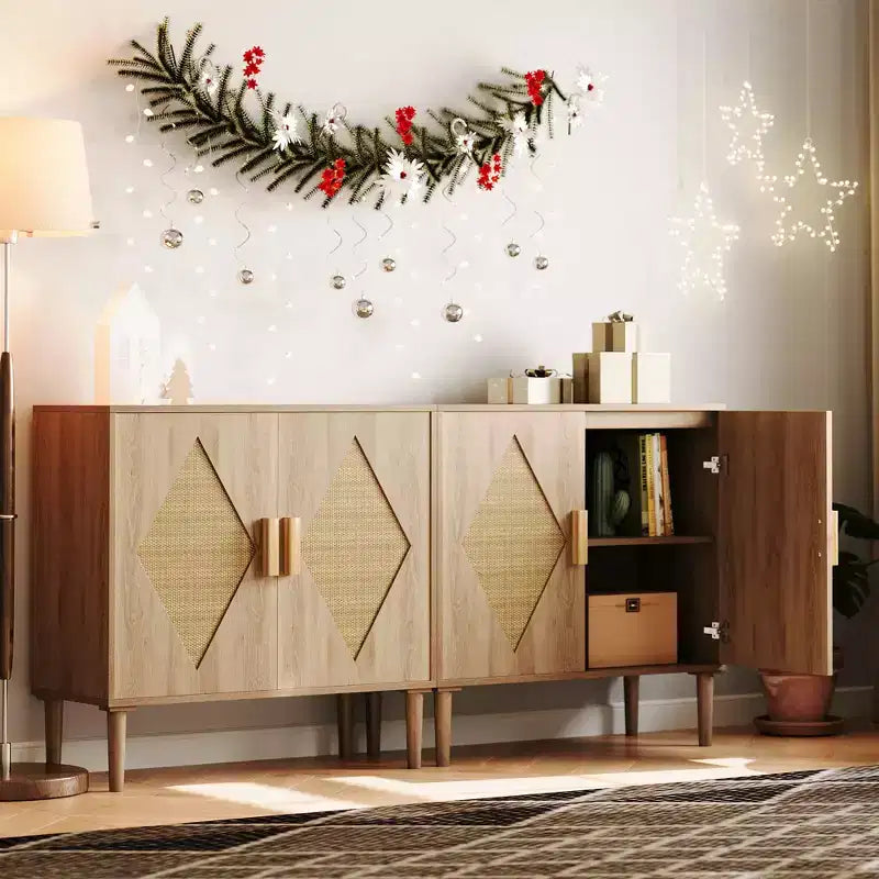 Rattan Buffet Cabinet with 2 Decorated Doors and Adjustable Shelf