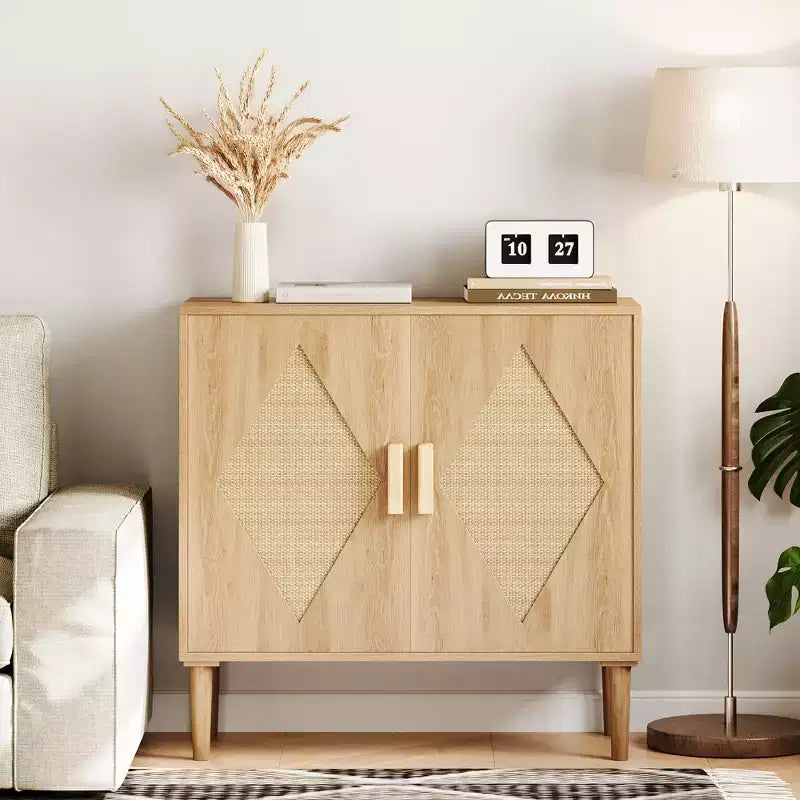 Rattan Buffet Cabinet with 2 Decorated Doors and Adjustable Shelf
