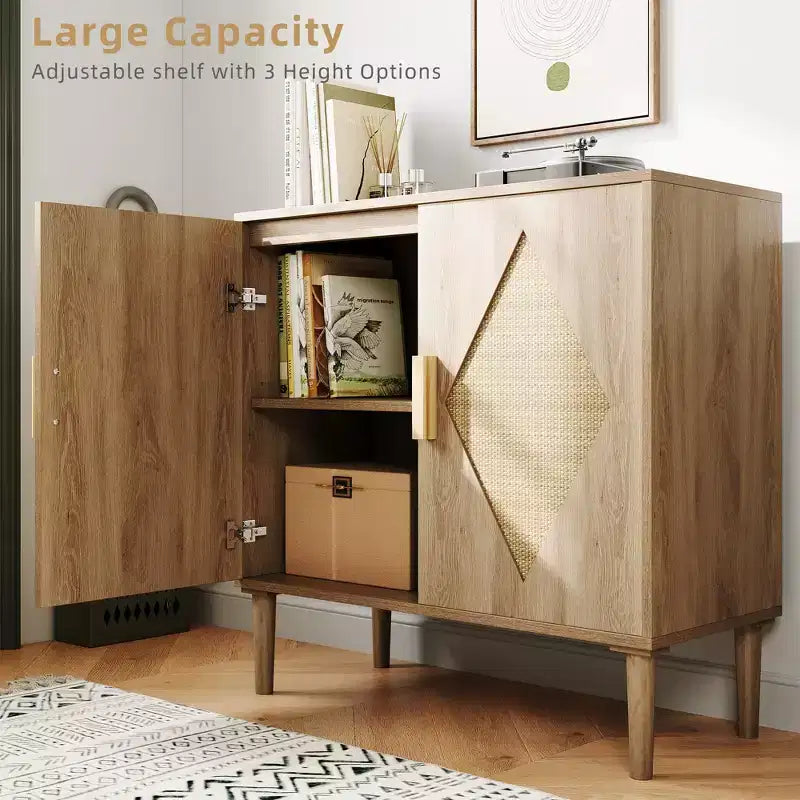 Rattan Buffet Cabinet with 2 Decorated Doors and Adjustable Shelf
