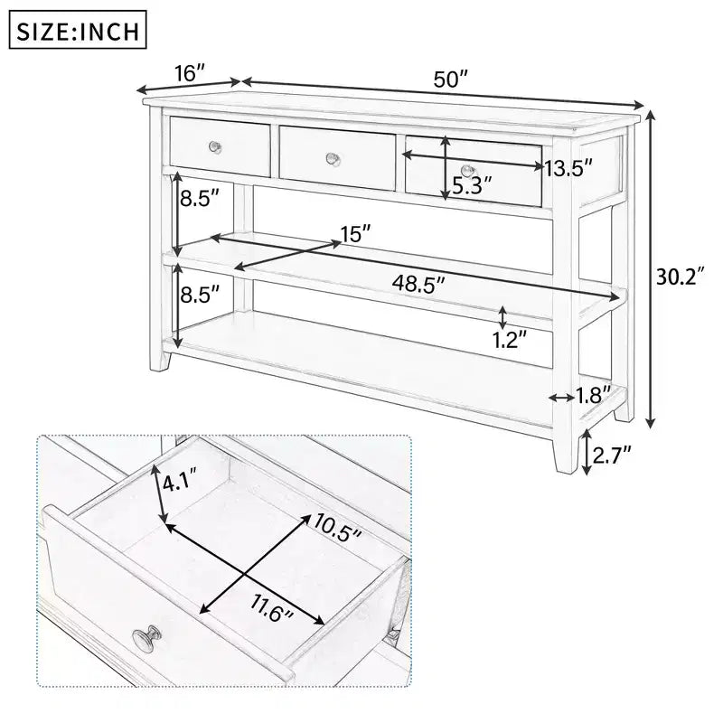 Console Table with 3 Drawers and 2 Open Shelves