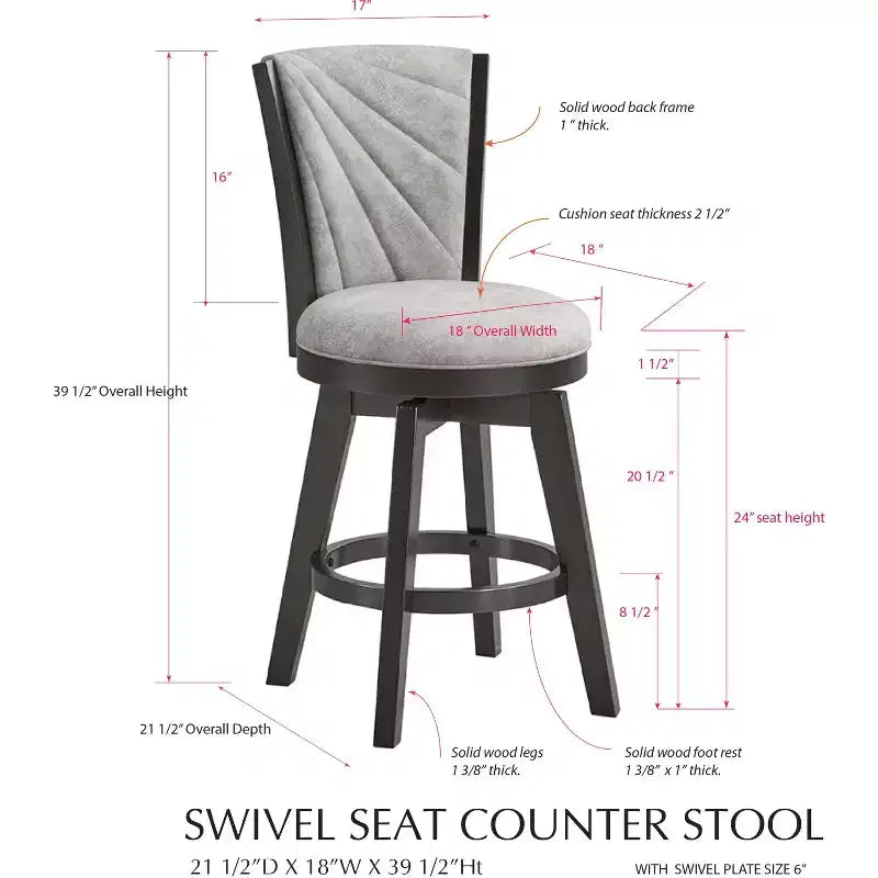24" Upholstered Counter Height Swivel Stools, Set of 2, Silver/Gray