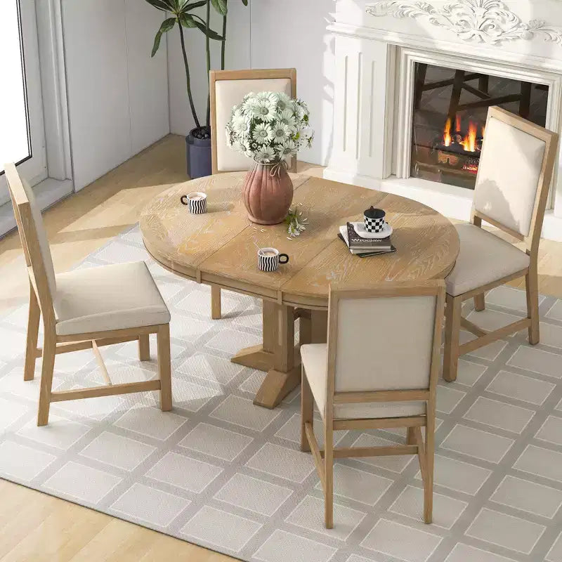 Whisen 5-Piece Farmhouse Dining Set Extendable Round Dining Table Set with 4 Upholstered Chairs