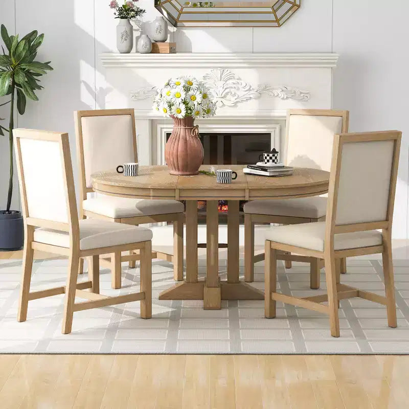 Whisen 5-Piece Farmhouse Dining Set Extendable Round Dining Table Set with 4 Upholstered Chairs