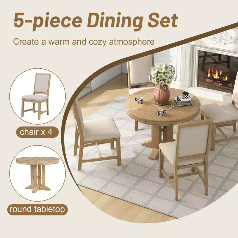 Whisen 5-Piece Farmhouse Dining Set Extendable Round Dining Table Set with 4 Upholstered Chairs