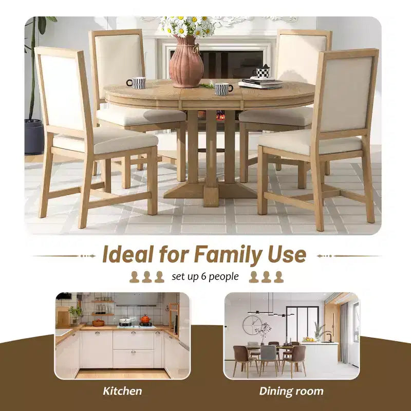 Whisen 5-Piece Farmhouse Dining Set Extendable Round Dining Table Set with 4 Upholstered Chairs