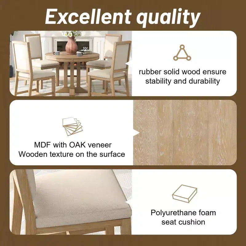 Whisen 5-Piece Farmhouse Dining Set Extendable Round Dining Table Set with 4 Upholstered Chairs