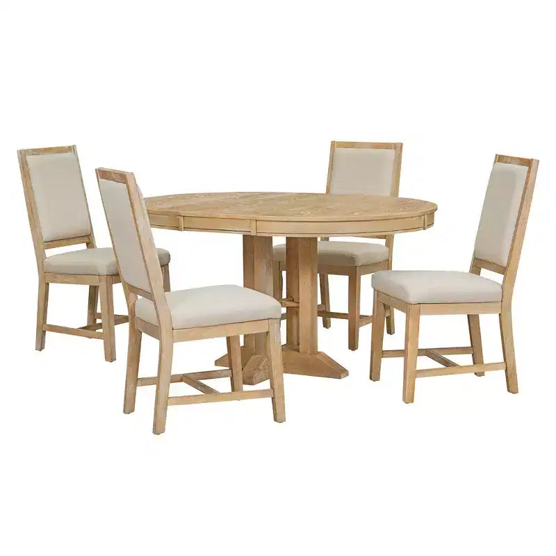 Whisen 5-Piece Farmhouse Dining Set Extendable Round Dining Table Set with 4 Upholstered Chairs