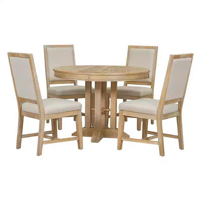 Whisen 5-Piece Farmhouse Dining Set Extendable Round Dining Table Set with 4 Upholstered Chairs