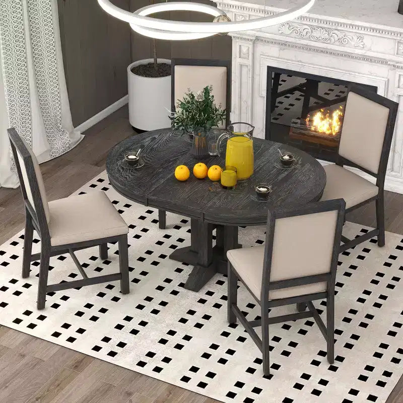 Whisen 5-Piece Farmhouse Dining Set Extendable Round Dining Table Set with 4 Upholstered Chairs