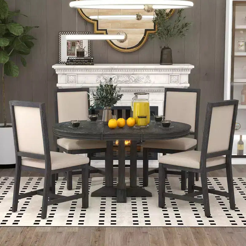Whisen 5-Piece Farmhouse Dining Set Extendable Round Dining Table Set with 4 Upholstered Chairs