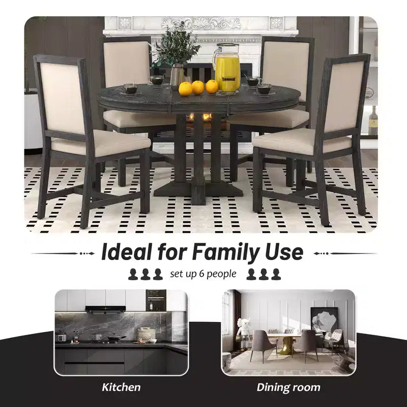 Whisen 5-Piece Farmhouse Dining Set Extendable Round Dining Table Set with 4 Upholstered Chairs