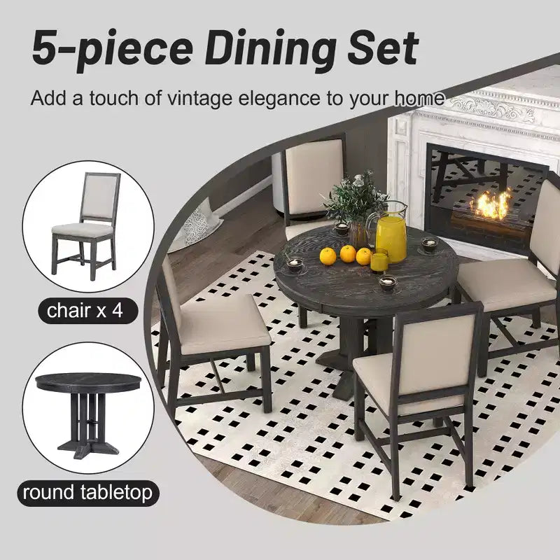 Whisen 5-Piece Farmhouse Dining Set Extendable Round Dining Table Set with 4 Upholstered Chairs