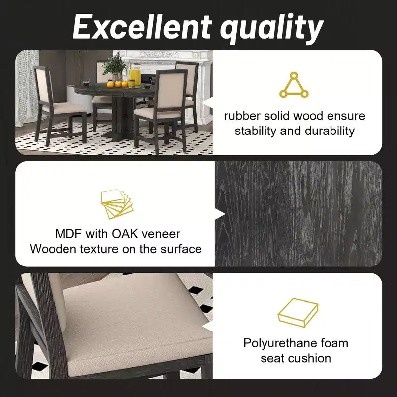 Whisen 5-Piece Farmhouse Dining Set Extendable Round Dining Table Set with 4 Upholstered Chairs