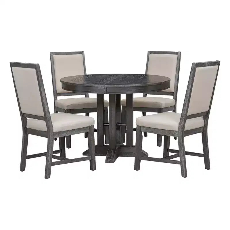 Whisen 5-Piece Farmhouse Dining Set Extendable Round Dining Table Set with 4 Upholstered Chairs