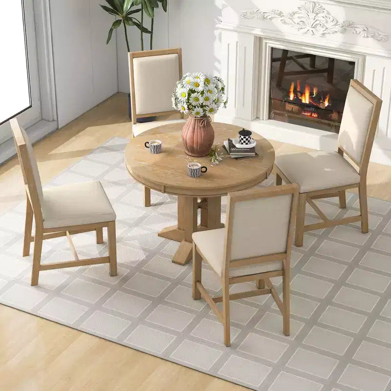 Whisen 5-Piece Farmhouse Dining Set Extendable Round Dining Table Set with 4 Upholstered Chairs