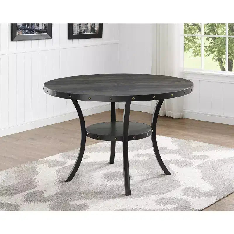 Roundhill Furniture Biony Espresso Wood Dining Set with Fabric Nailhead Chairs