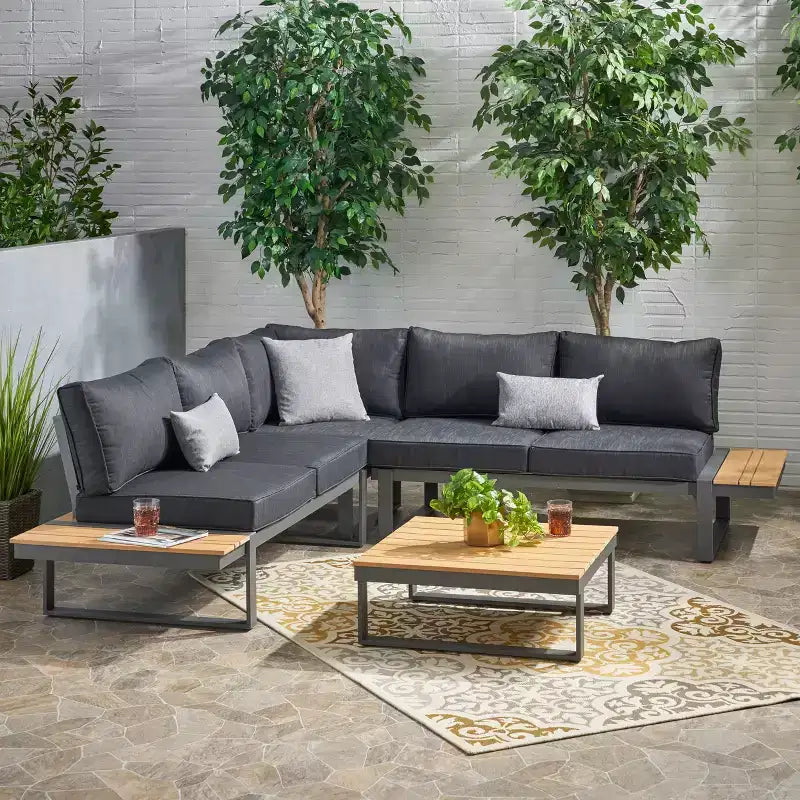 GDFStudio Johana V-vormige aluminium loungeset voor buiten, geschikt voor 5 personen, met kussens