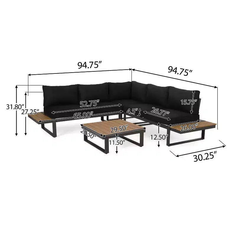 GDFStudio Johana V-vormige aluminium loungeset voor buiten, geschikt voor 5 personen, met kussens