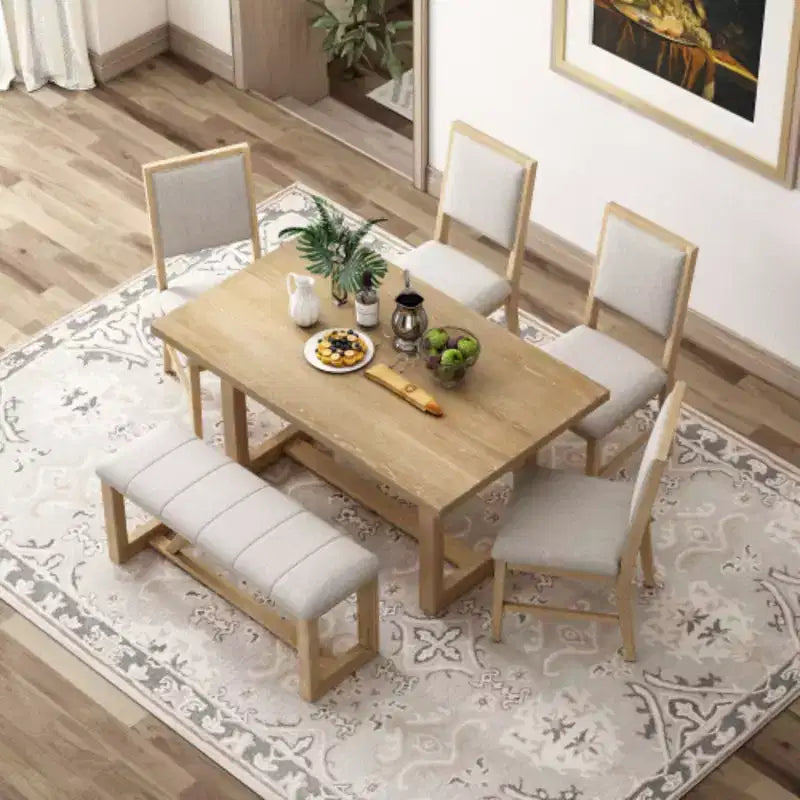 Retro-eetset, 6-delig, met 1 rechthoekige tafel met ontworpen schraagonderstel, 4 gestoffeerde stoelen en 1 bank voor eetkamer en keuken