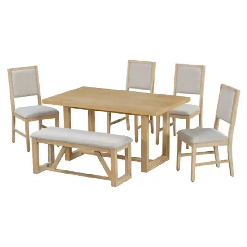Retro-eetset, 6-delig, met 1 rechthoekige tafel met ontworpen schraagonderstel, 4 gestoffeerde stoelen en 1 bank voor eetkamer en keuken