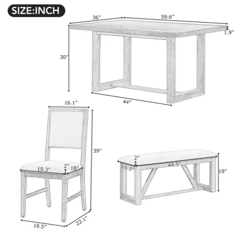 Retro-eetset, 6-delig, met 1 rechthoekige tafel met ontworpen schraagonderstel, 4 gestoffeerde stoelen en 1 bank voor eetkamer en keuken
