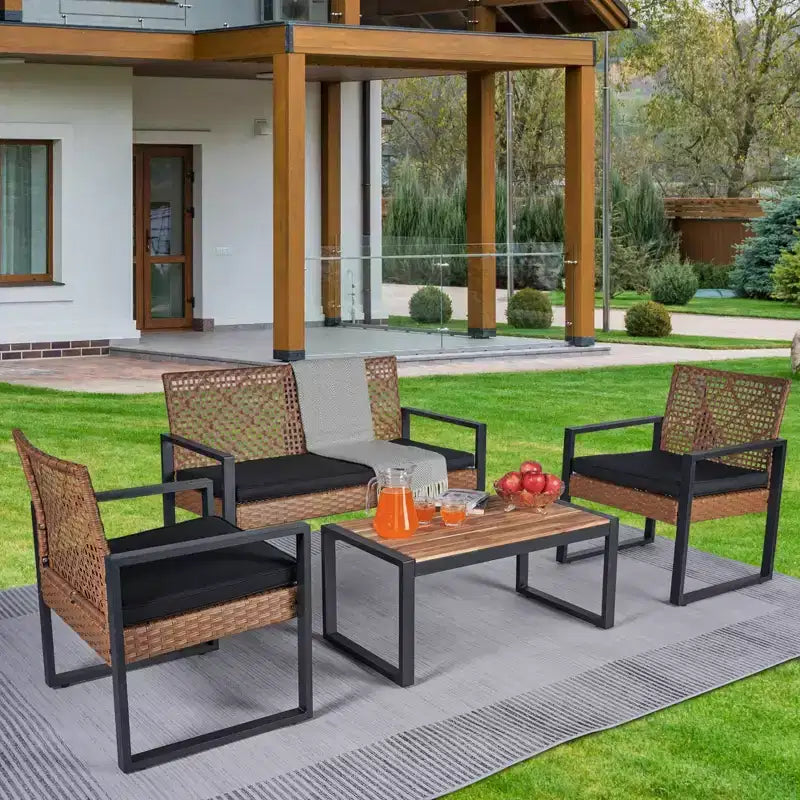 GDFStudio Elton Patio 4 pcs Steel and Rattan Conversation Set