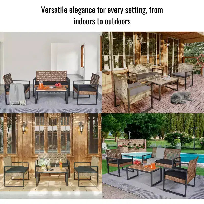 GDFStudio Elton Patio 4 pcs Steel and Rattan Conversation Set