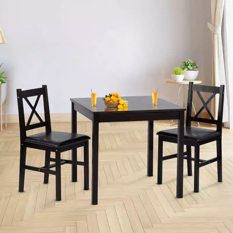 FDW 3/5-Piece Dining Table Set with Solid Pine Wood Construction and Faux Leather Chairs, Dark Brown