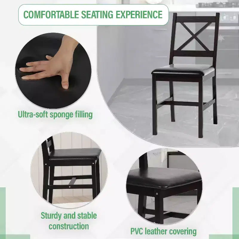 FDW 3/5-Piece Dining Table Set with Solid Pine Wood Construction and Faux Leather Chairs, Dark Brown
