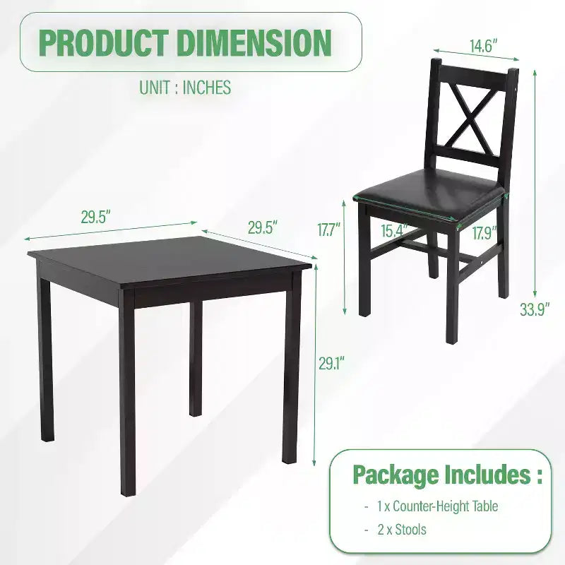 FDW 3/5-Piece Dining Table Set with Solid Pine Wood Construction and Faux Leather Chairs, Dark Brown