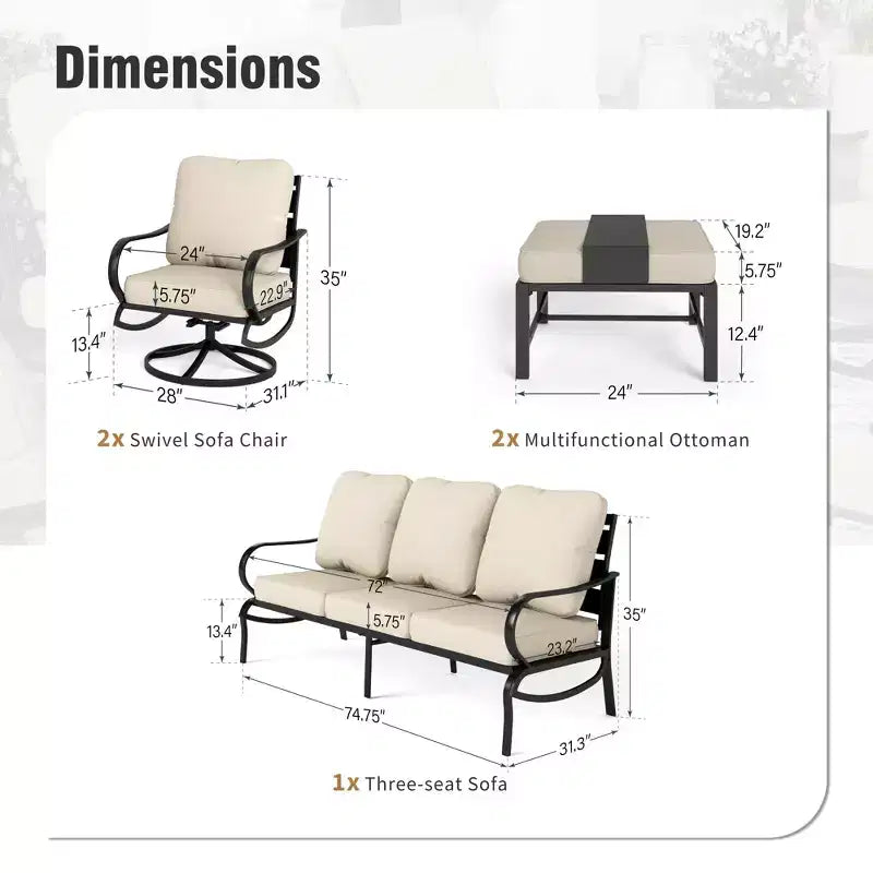Captiva Designs 5-delige metalen loungeset voor terras met draaistoelen en voetenbankjes voor tuin, veranda en achtertuin