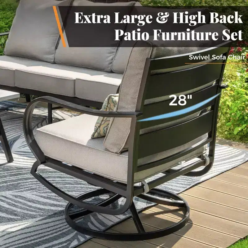 Captiva Designs 5-delige metalen loungeset voor terras met draaistoelen en voetenbankjes voor tuin, veranda en achtertuin
