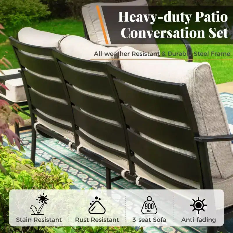 Captiva Designs 5-delige metalen loungeset voor terras met draaistoelen en voetenbankjes voor tuin, veranda en achtertuin
