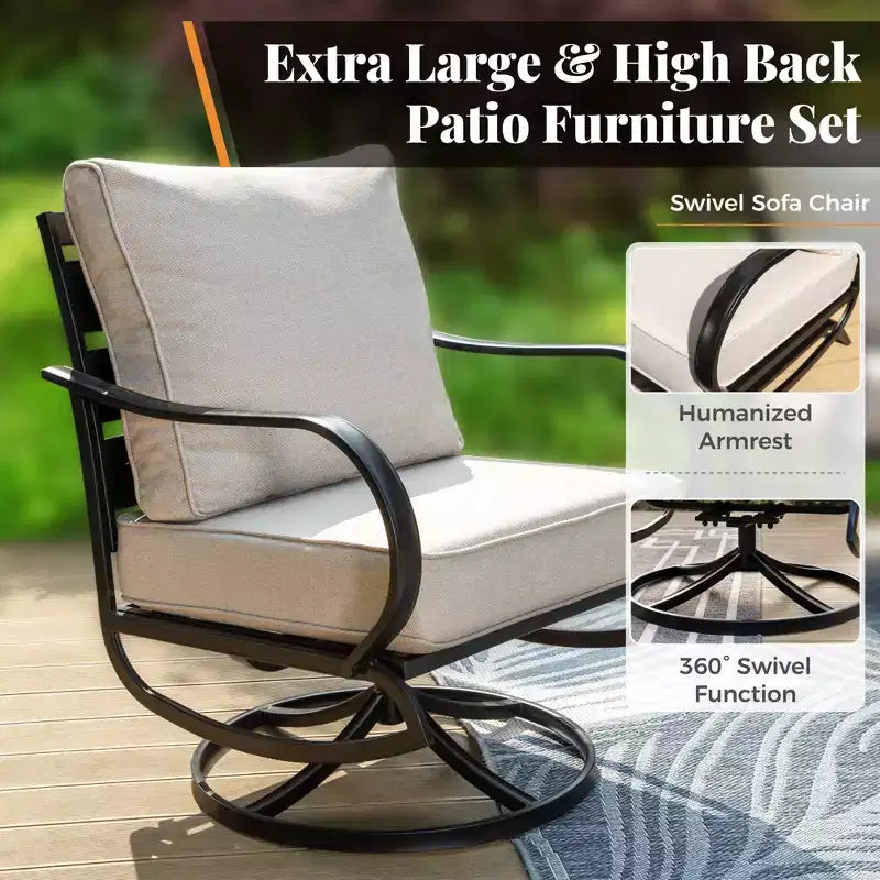 Captiva Designs 5-delige metalen loungeset voor terras met draaistoelen en voetenbankjes voor tuin, veranda en achtertuin