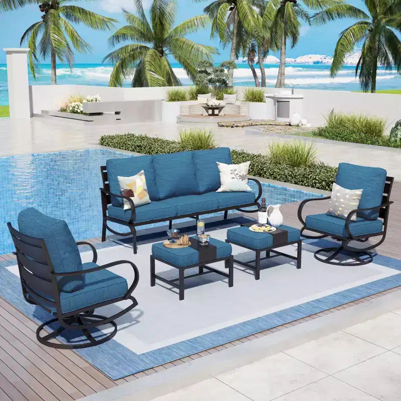 Captiva Designs 5-delige metalen loungeset voor terras met draaistoelen en voetenbankjes voor tuin, veranda en achtertuin