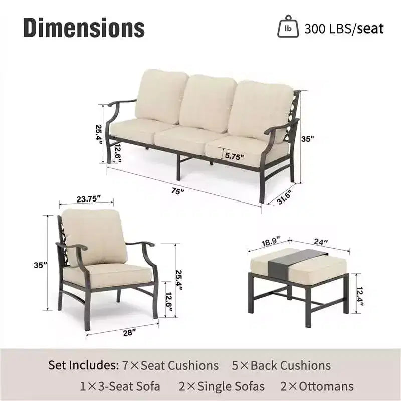 Captiva Designs 5pc Metal Patio Outdoor Conversation Set with Grid-back Armchairs and Ottomans