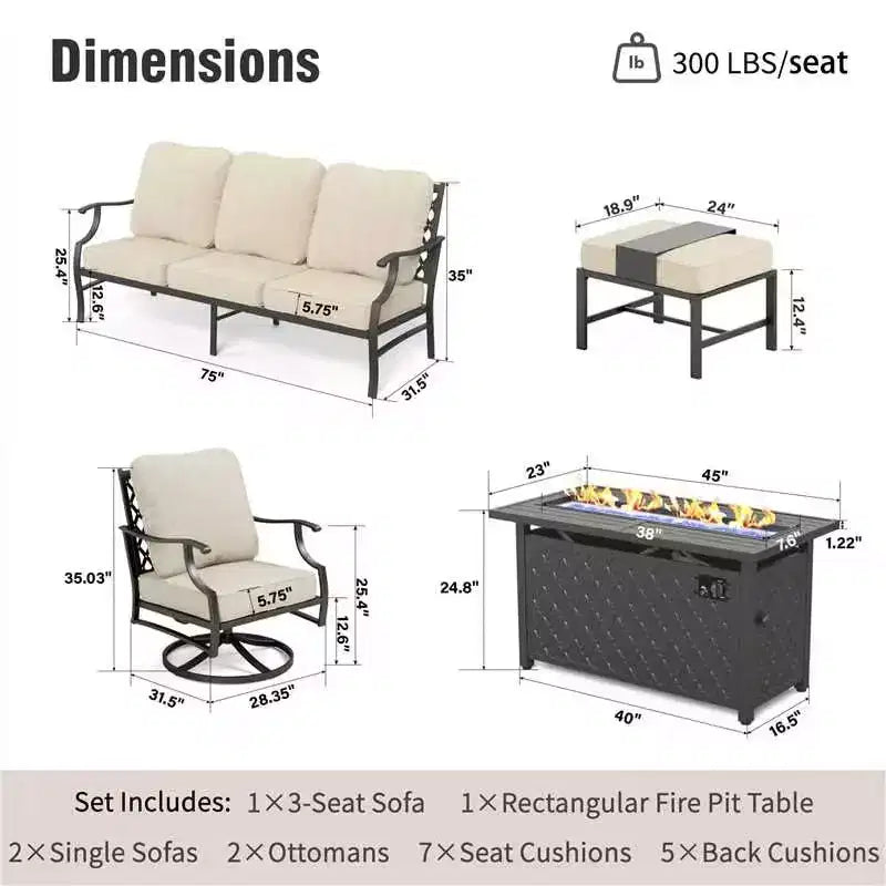 Captiva Designs 6-delige metalen loungeset voor buiten met vuurtafel, draaibare fauteuils en voetenbanken
