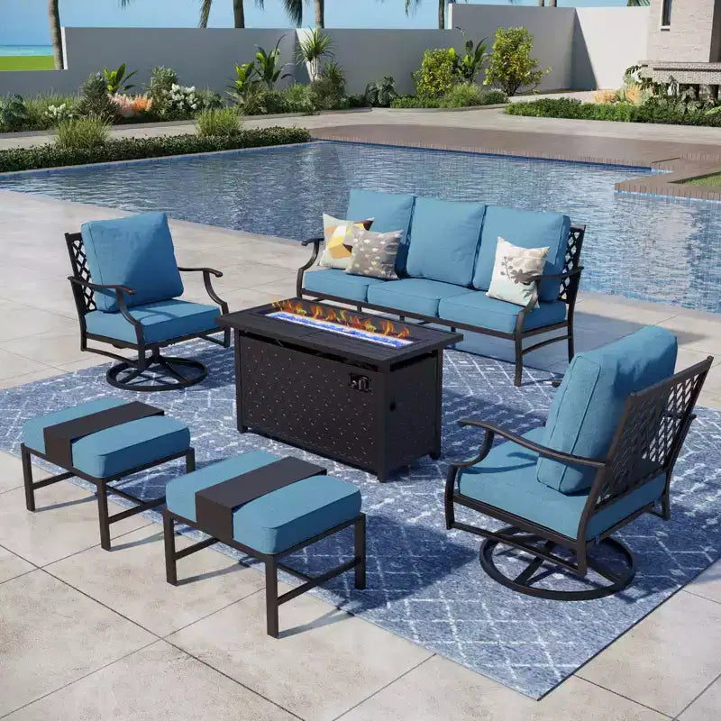 Captiva Designs 6-delige metalen loungeset voor buiten met vuurtafel, draaibare fauteuils en voetenbanken
