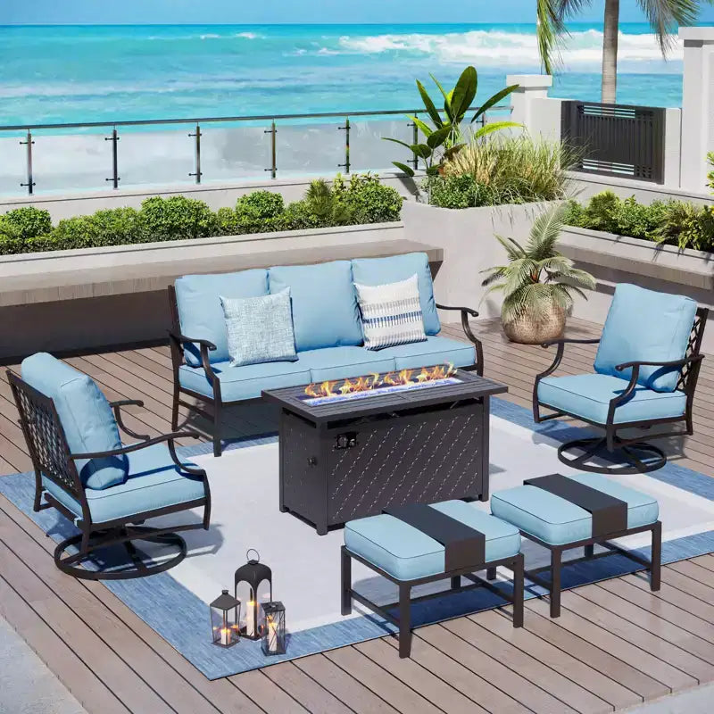 Captiva Designs 6-delige metalen loungeset voor buiten met vuurtafel, draaibare fauteuils en voetenbanken